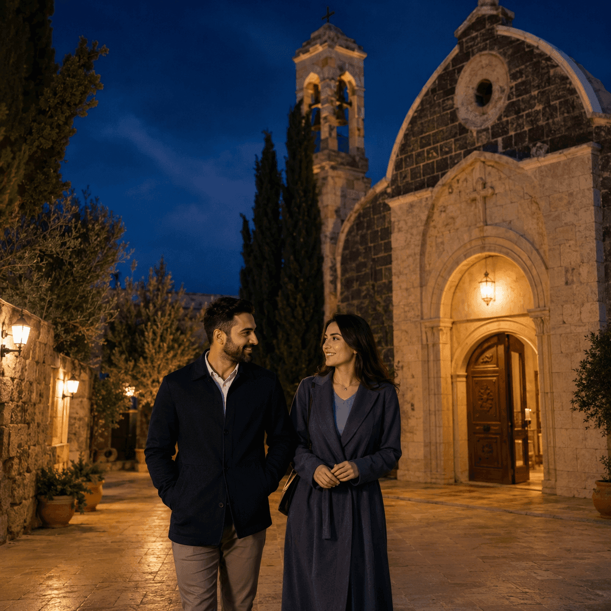 Couple walking outside a historic stone church at dusk