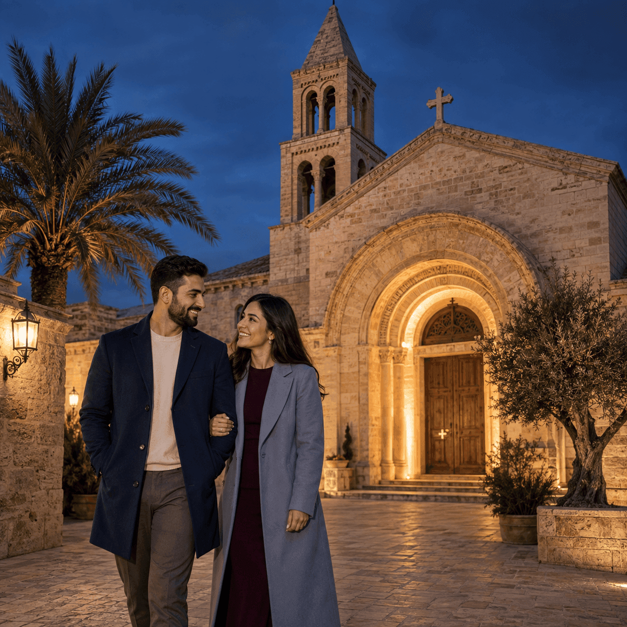 Couple walking outside a historic stone church