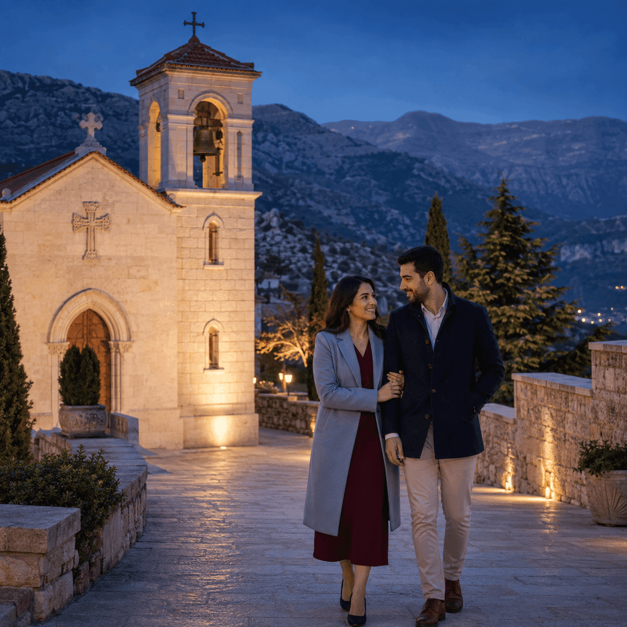 Couple walking outside a historic mountain church at dusk