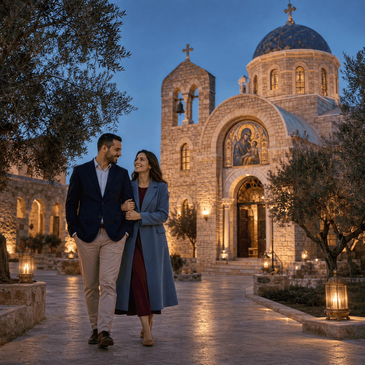Couple walking outside a Byzantine-style stone church at dusk