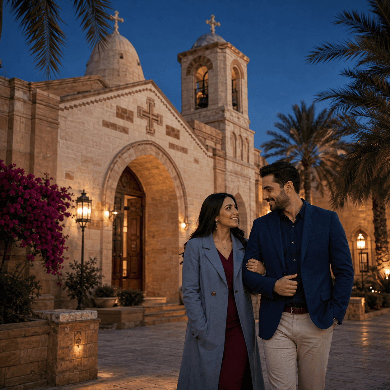 Couple walking outside a historic sandstone church at dusk