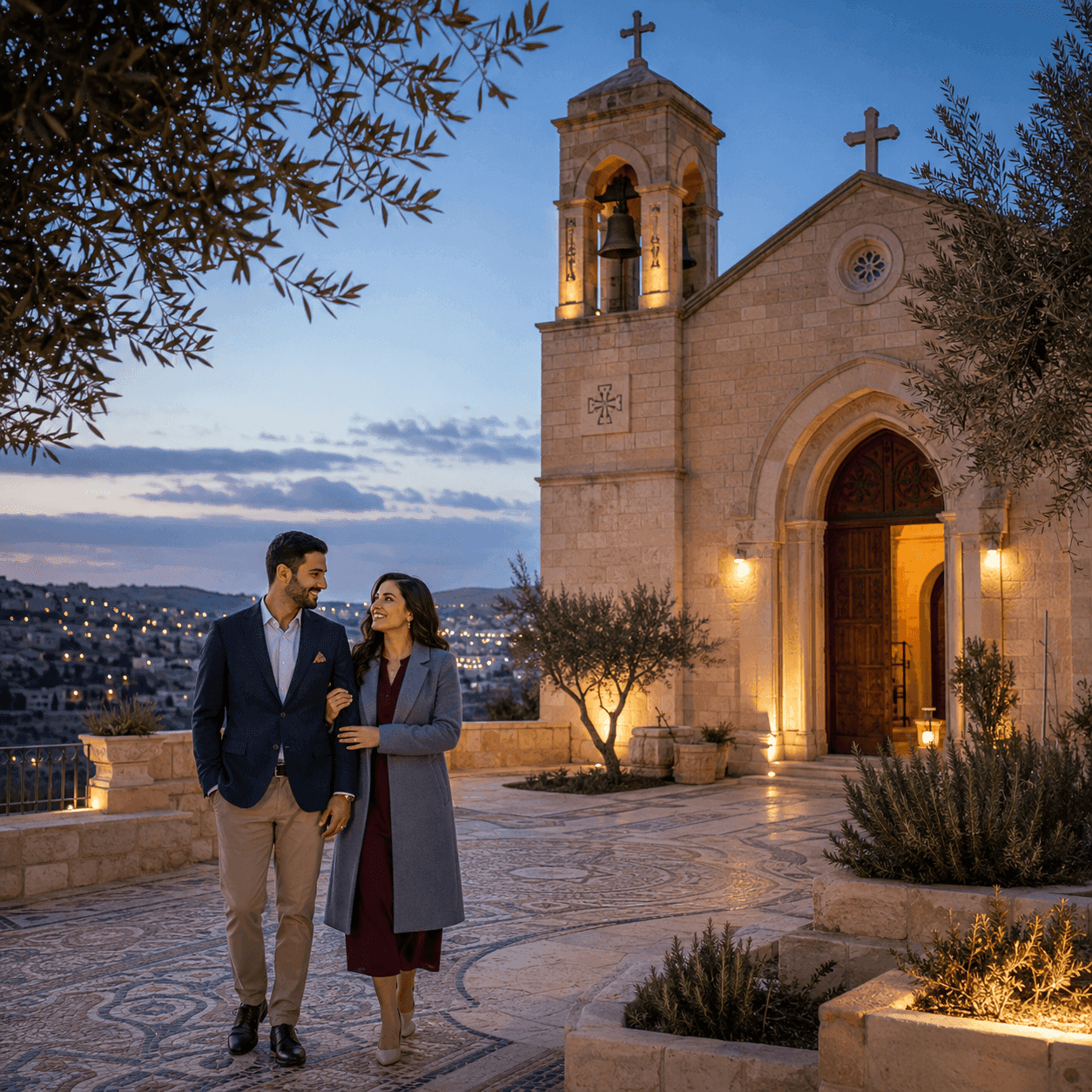 Couple walking outside a historic limestone church at dusk