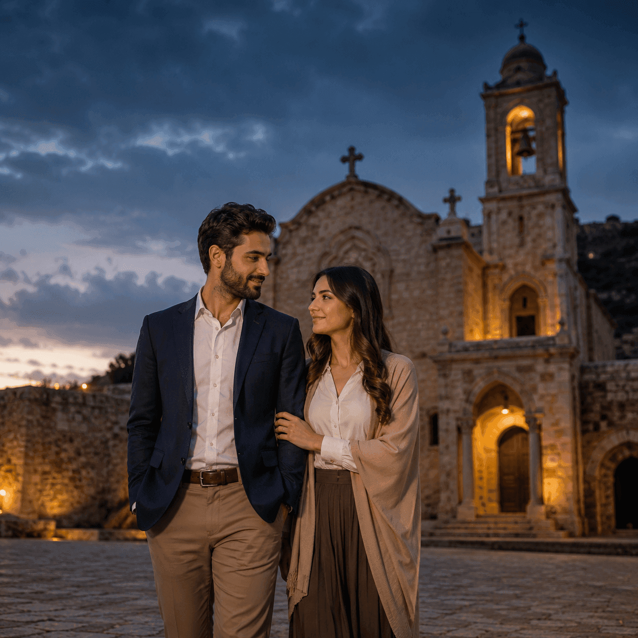 Couple walking outside a historic stone church at dusk