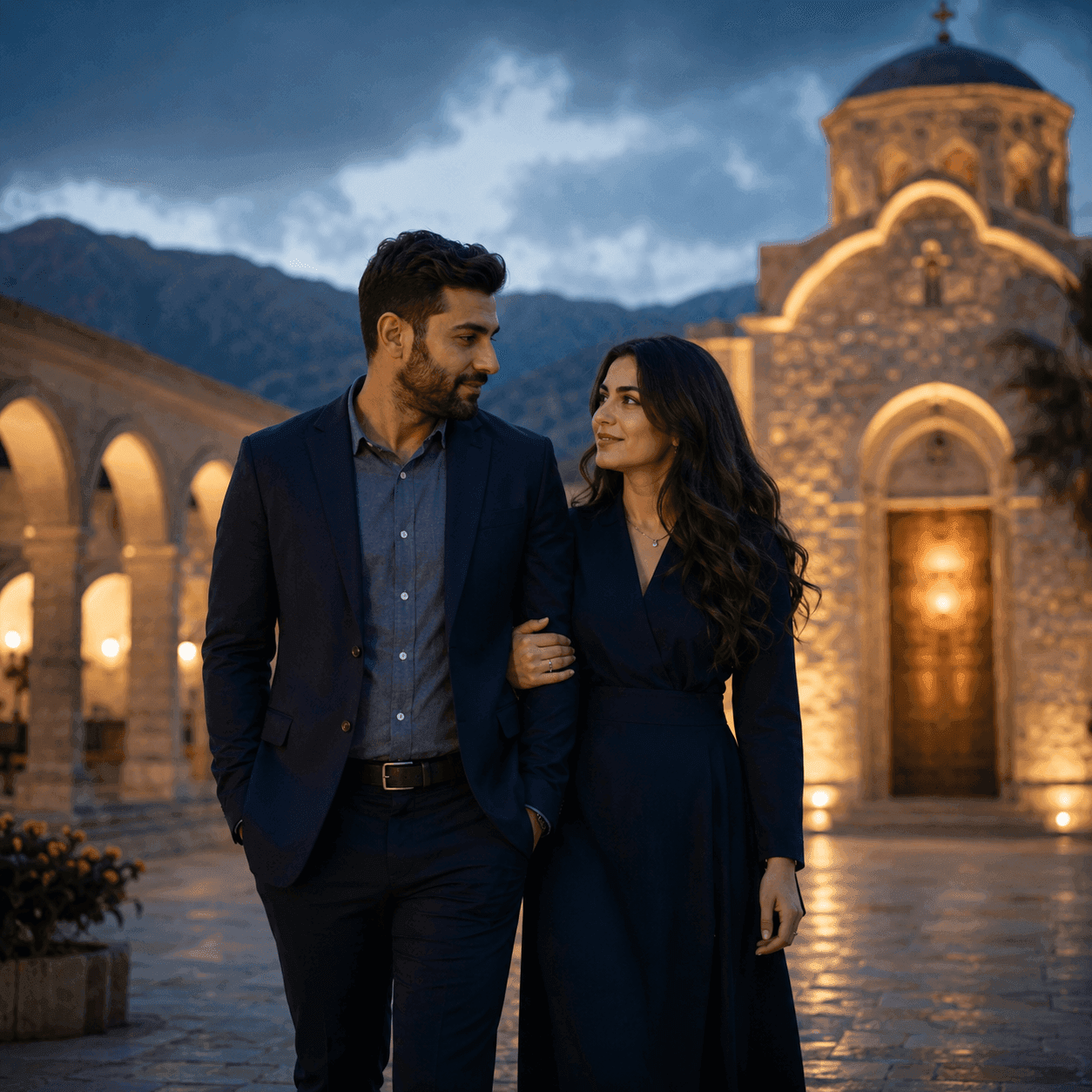Couple walking outside a church at dusk