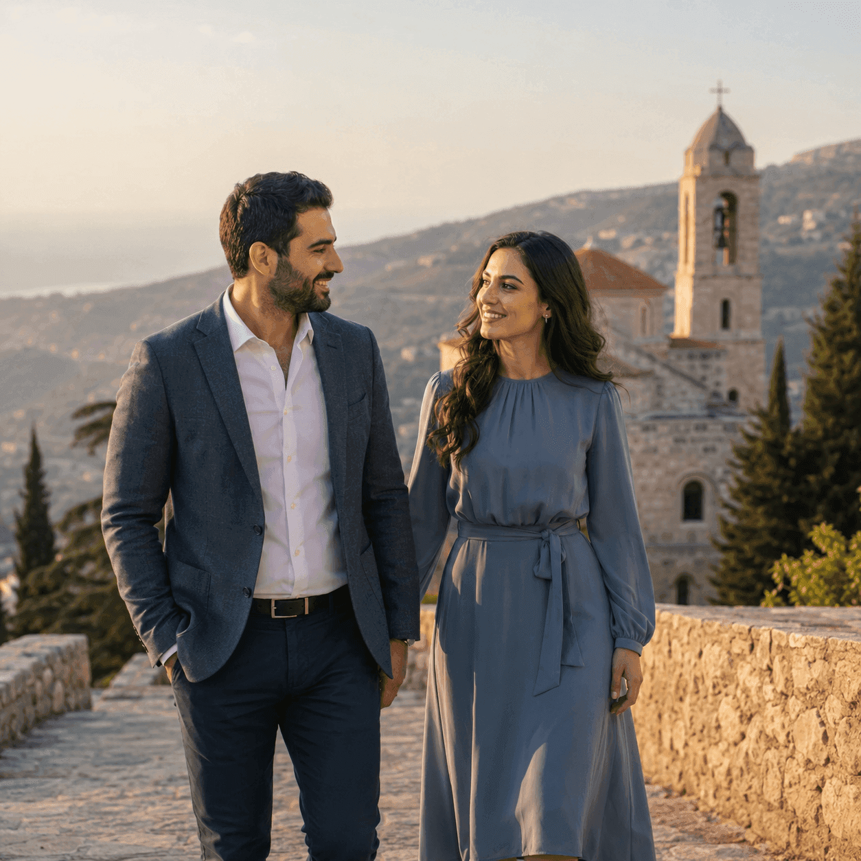 Couple walking on a stone path near a church
