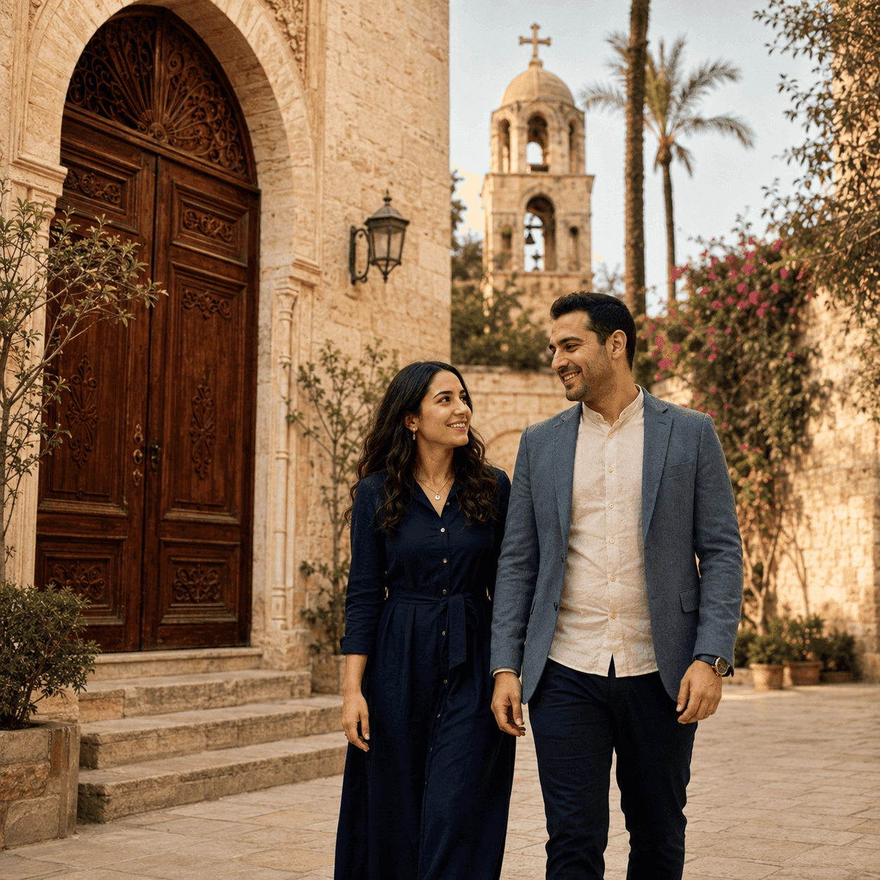 Couple walking through a stone courtyard near a church