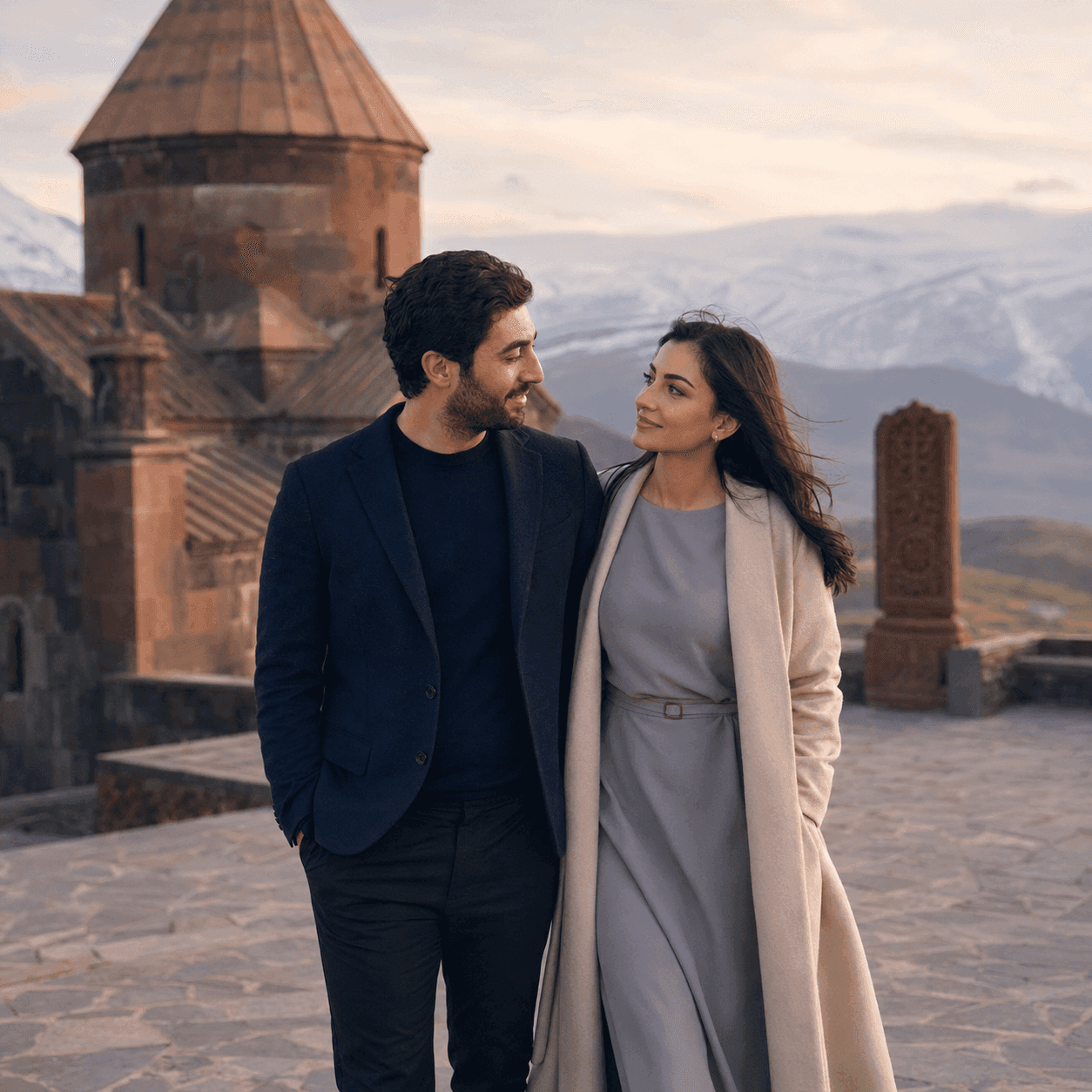 Couple walking near an Armenian monastery in the highlands