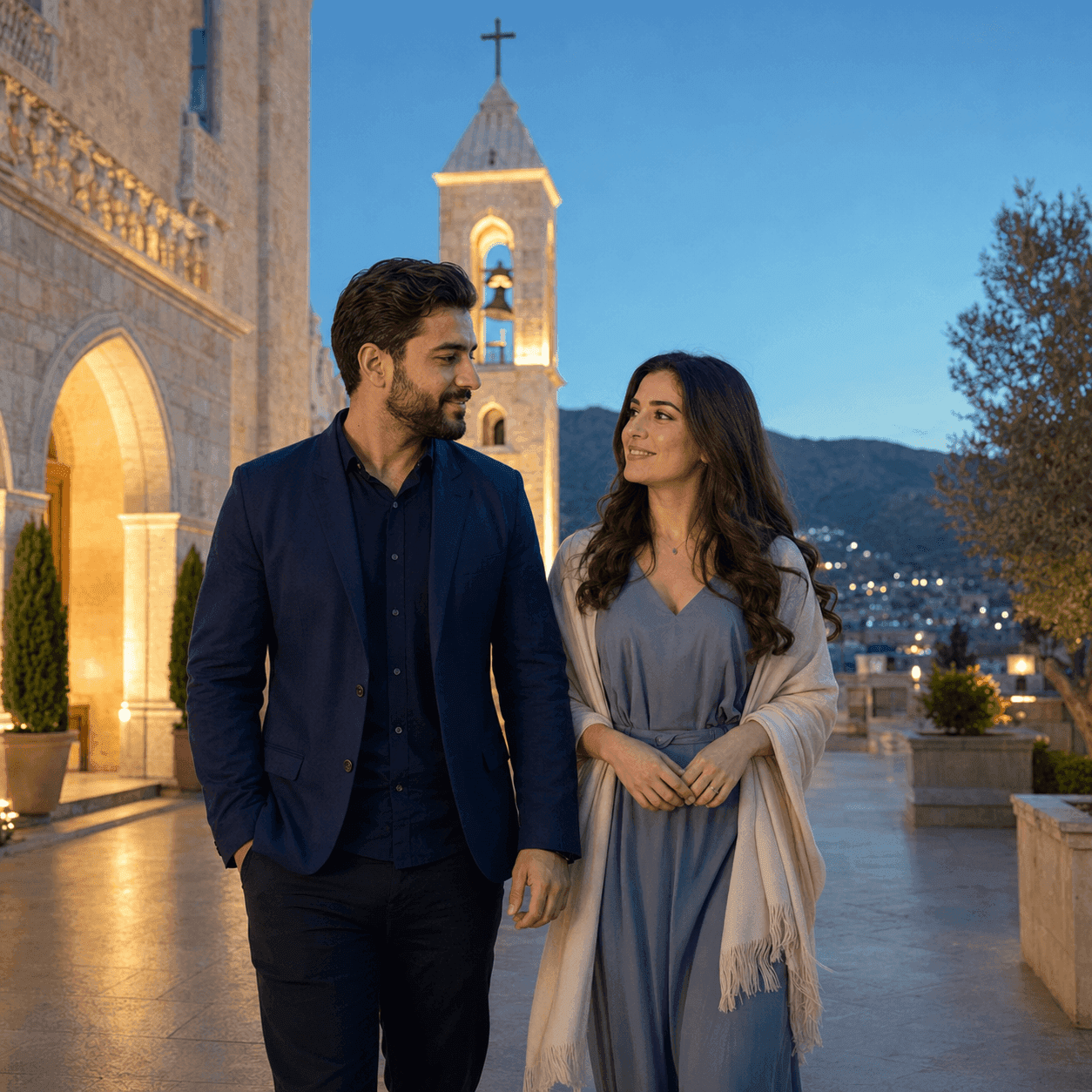 Couple walking outside a Chaldean Catholic church in northern Iraq